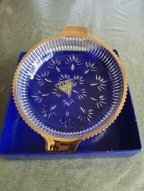 Vintage Federal Glass Co. 6" Round Clear Glass Candy Dish, 22K Gold Rim with Box
